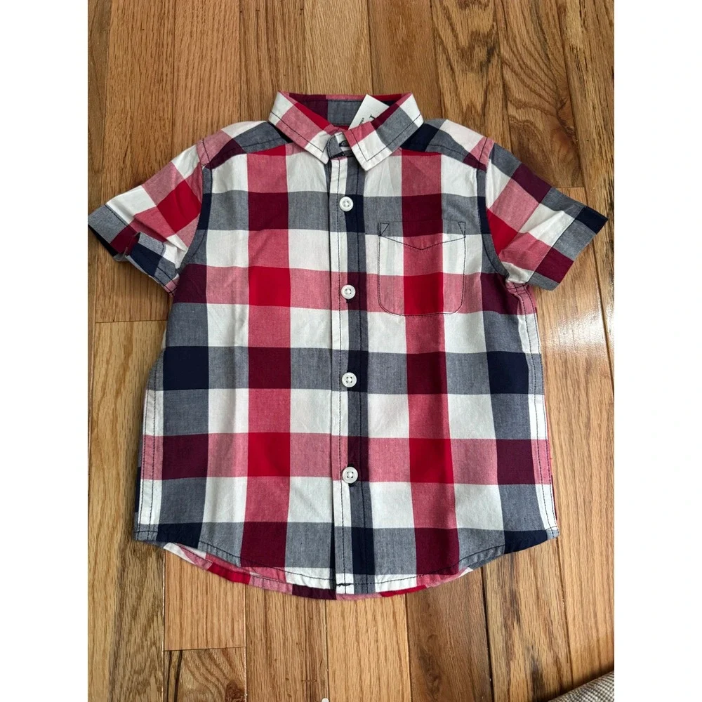 The Childrens Place Boys Red White Blue Plaid Button Down Shirt 9-12M NWT